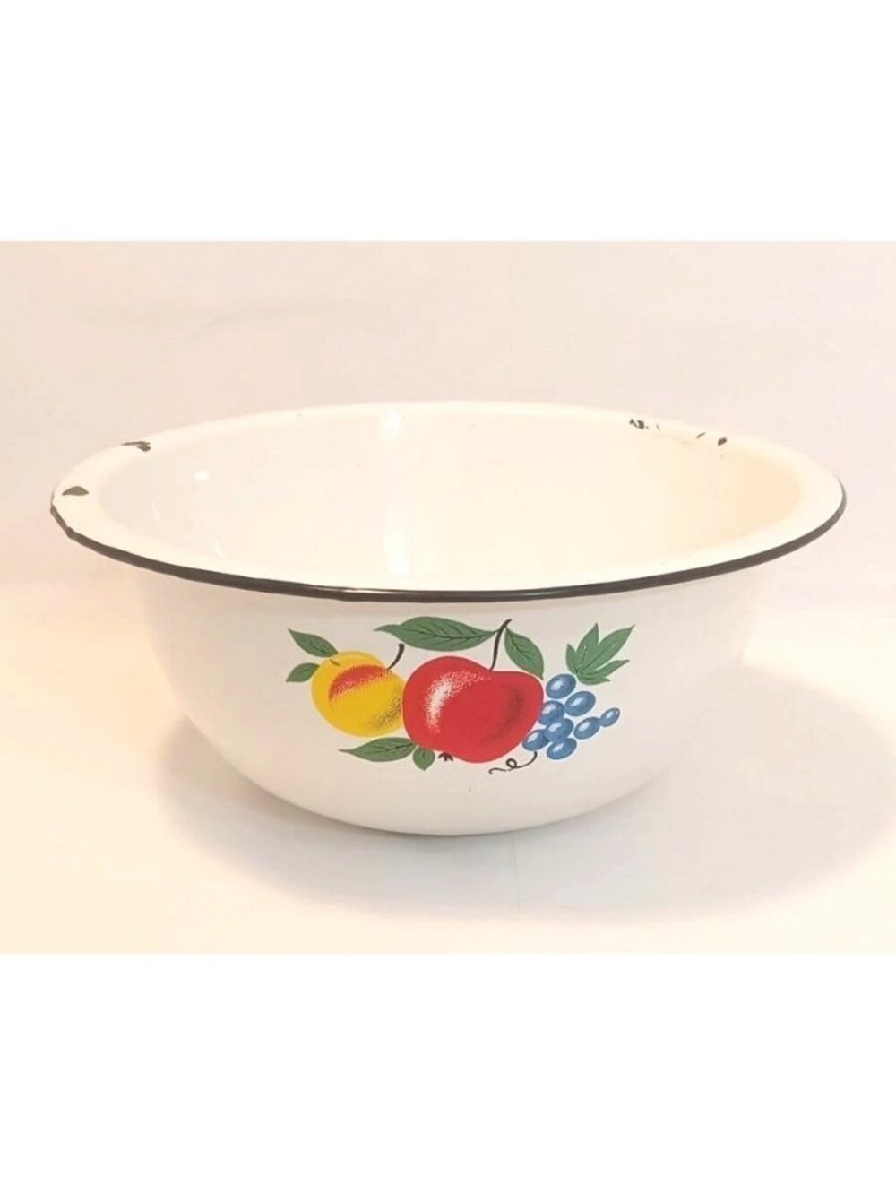 Vintage White Enamel Bowl black Rim Fruit Farmhouse Cottagecore Décor Enamelware